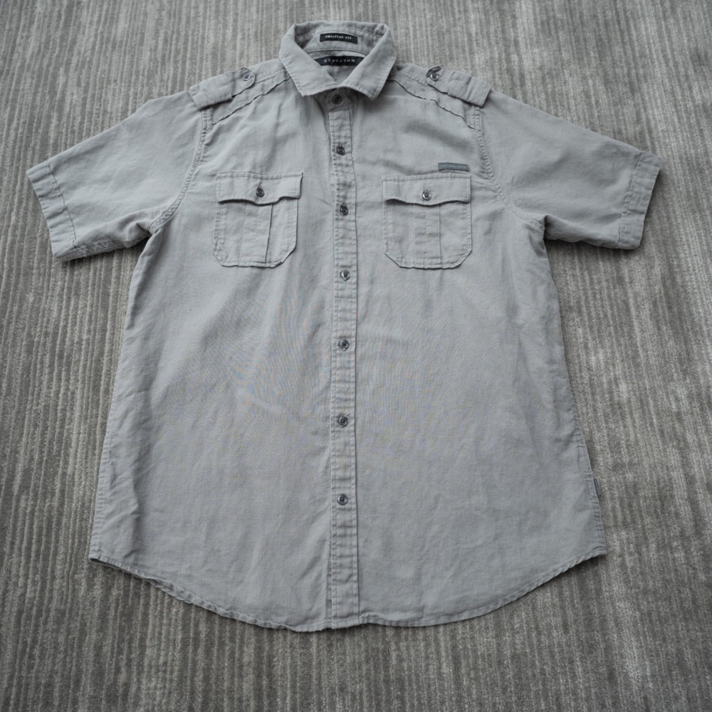 Sean‎ John Shirt Men XL Gray Short Sleeve Button Up 2 Chest Pockets Linen Medium